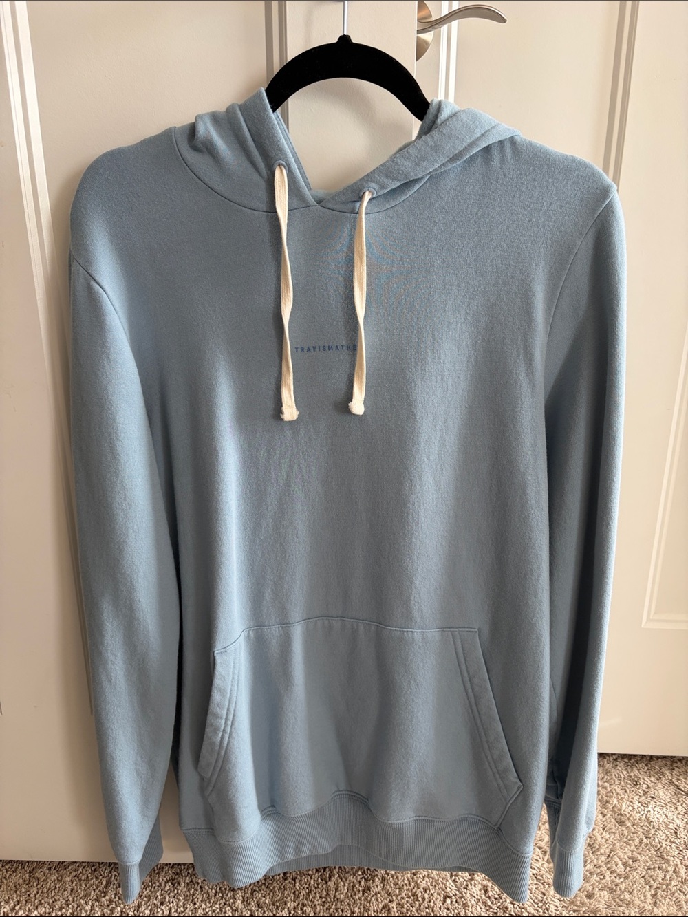 Travis Mathew Sky Blue Pullover Hoodie with Cream Drawstrings